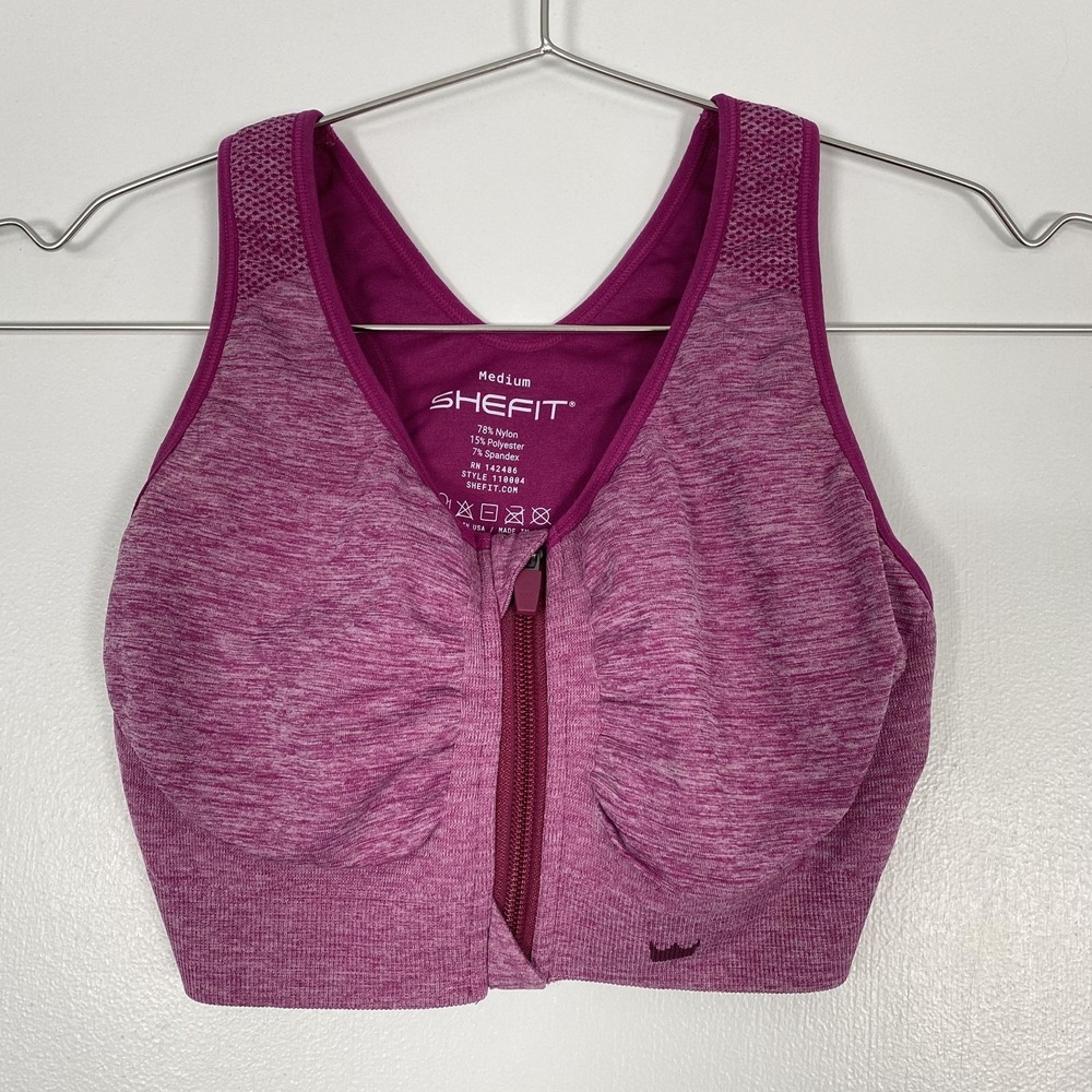 Shefit Sports Bra Womens Medium Pink Zip Front High Impact Racerback Athletic